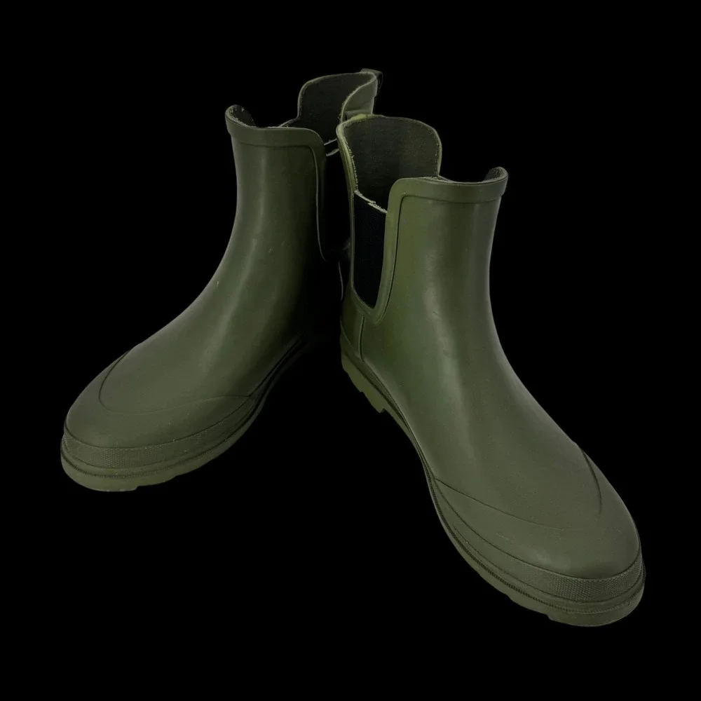 J.Crew Womens Chelsea Rain Boots Olive Green Rubber Ankle Boot / Bootie Lug Sole